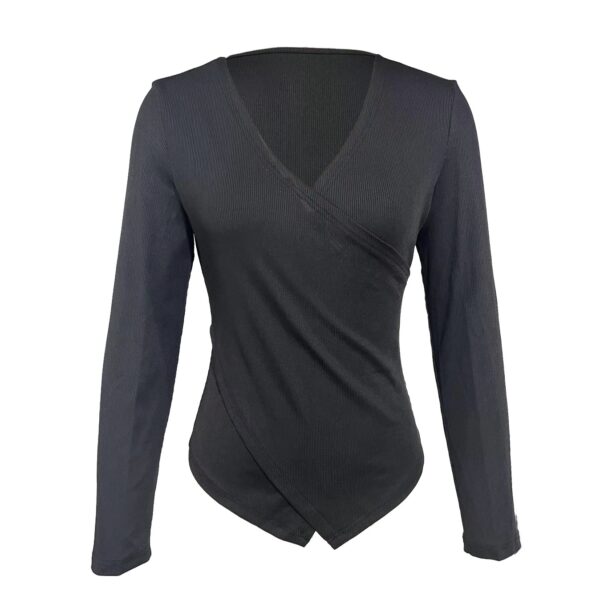 Ladies' Fashionable Solid Color Premium Cross V-neck Sexy Elegant Long Sleeved T-shirt Top - Image 4