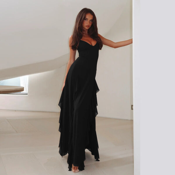 Strap Temperament V-neck Holiday Split Ruffled Dress - Image 4