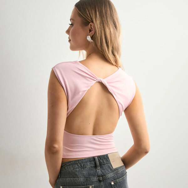 European And American Solid Color Off-neck Backless Slim Fit T-shirt Top - Image 3